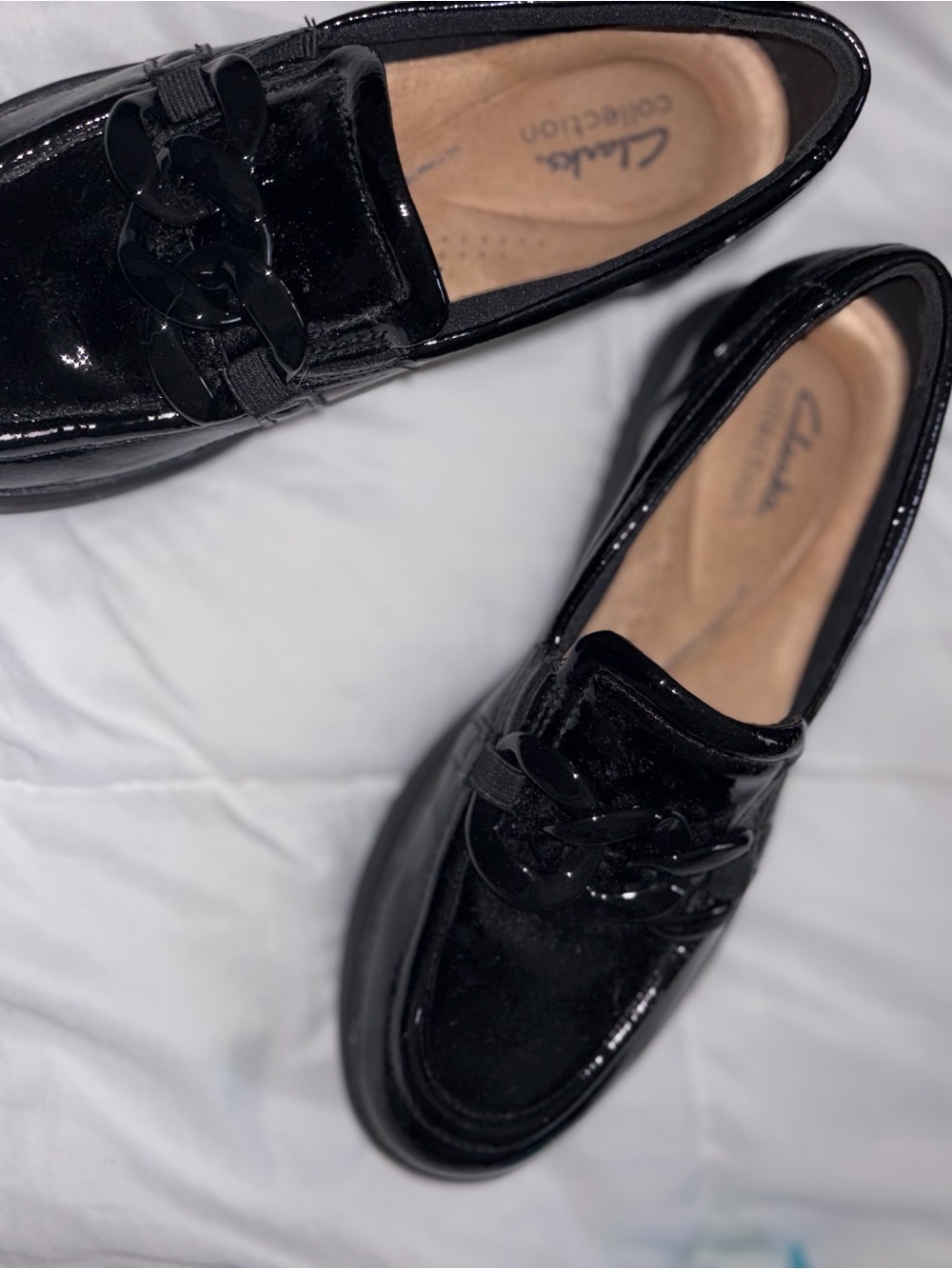 Clarks Black Patent Chain Slip-On Loafers